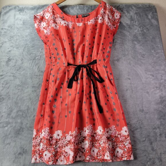 BeBop Womens L Coral Floral Border Print Dress Tie Waist‎ Boho Spring Summer - Picture 1 of 11